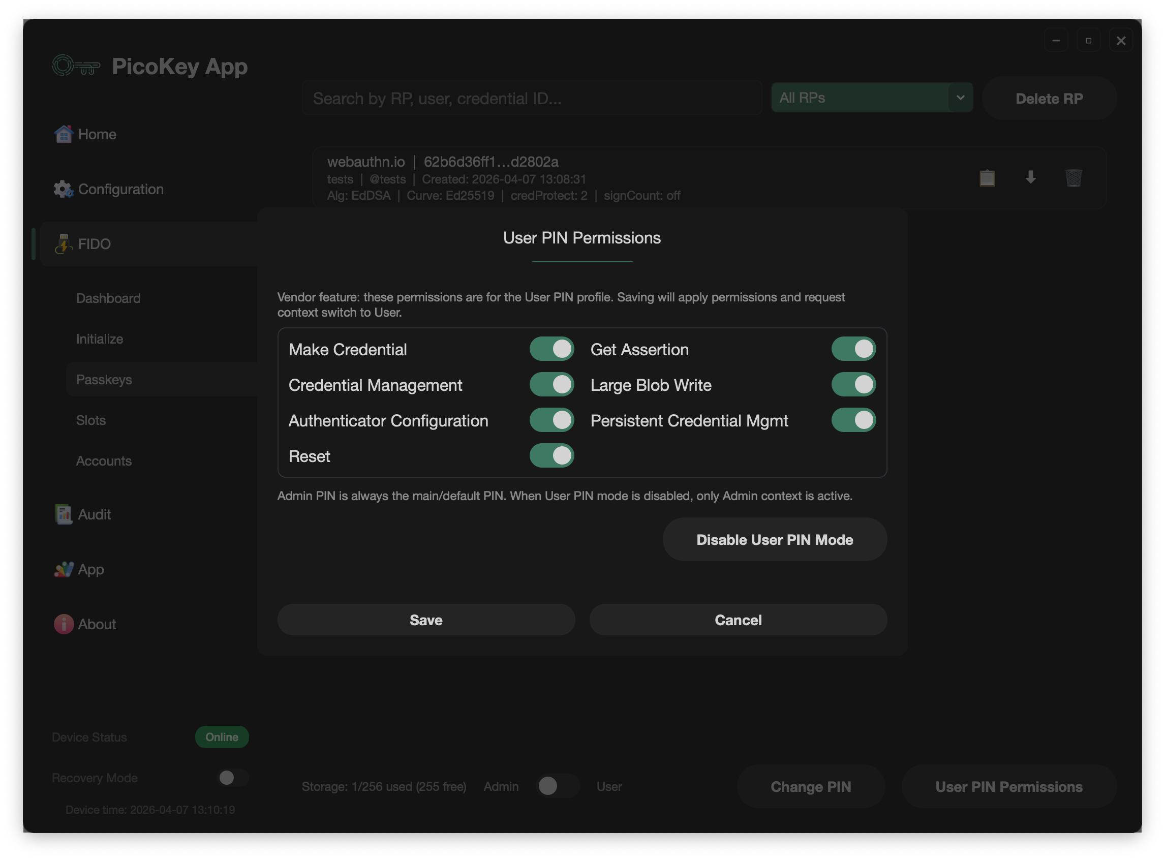 User PIN permissions