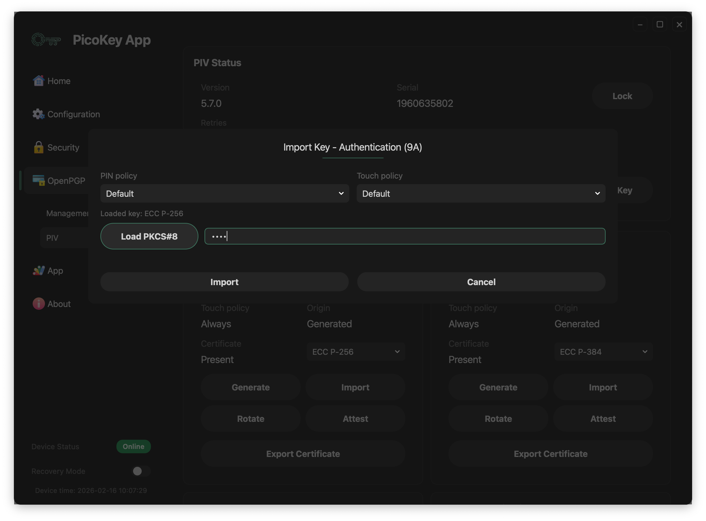 PIV import key dialog